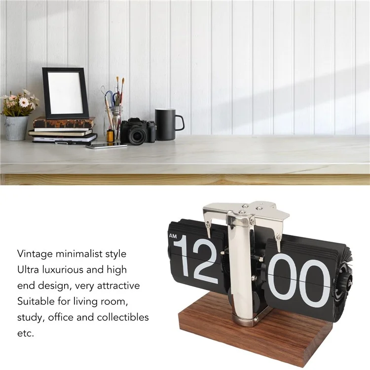 Relógio de mesa retrô com virador automático simples Relógio de mesa com pé único em aço inoxidável com movimento de quartzo Relógio de virador quadrado com base de nogueira - Estilo de 12 horas