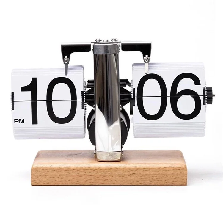 Relógio de mesa retrô com rotação automática, equilíbrio mecânico, com base quadrada de madeira de faia para casa - Branco / Formato de 12 horas