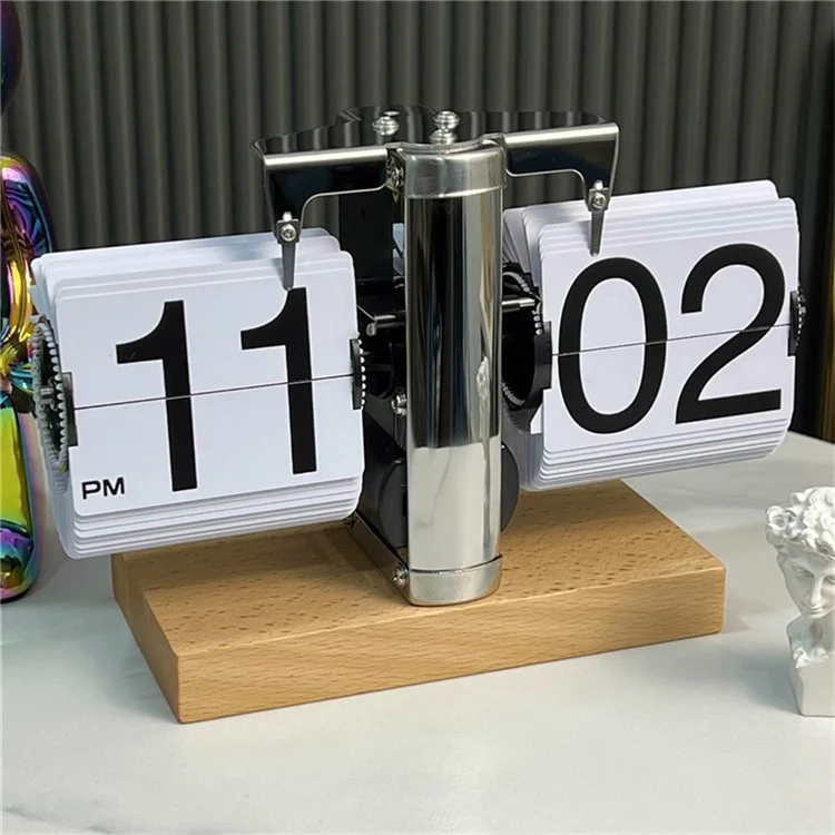 Relógio de mesa retrô com rotação automática, equilíbrio mecânico, com base quadrada de madeira de faia para casa - Branco / Formato de 12 horas