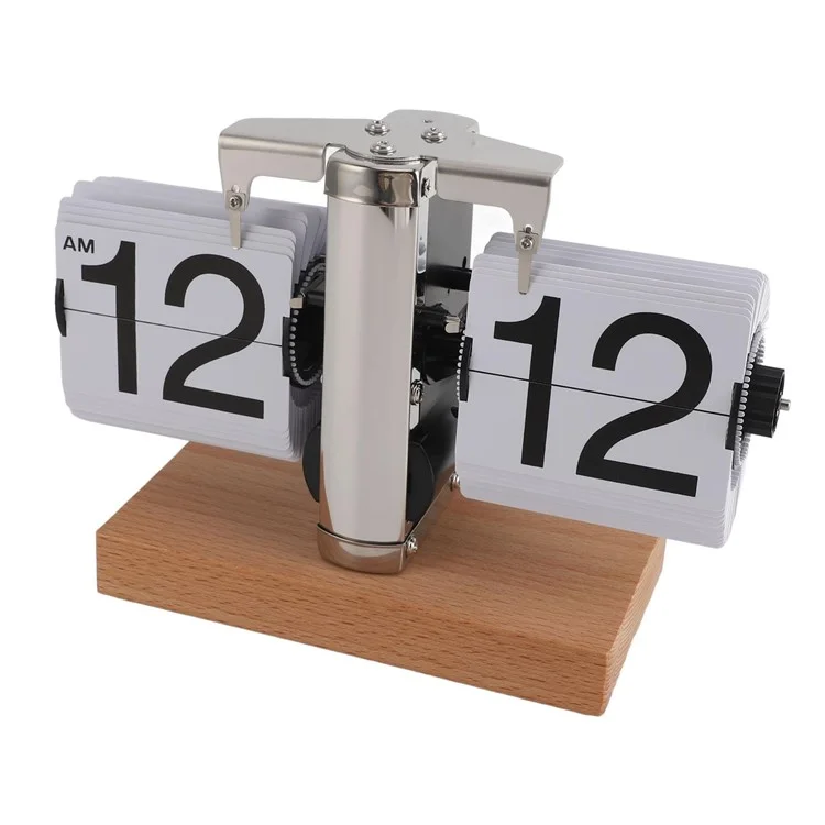 Relógio de mesa retrô com rotação automática, equilíbrio mecânico, com base quadrada de madeira de faia para casa - Branco / Formato de 12 horas