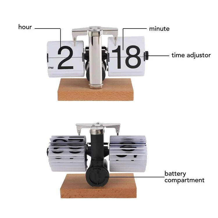 Relógio de mesa retrô com rotação automática, equilíbrio mecânico, com base quadrada de madeira de faia para casa - Branco / Formato de 12 horas