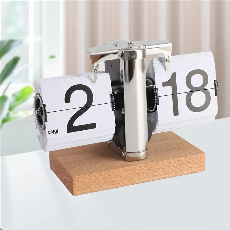 Relógio de mesa retrô com rotação automática, equilíbrio mecânico, com base quadrada de madeira de faia para casa - Branco / Formato de 12 horas