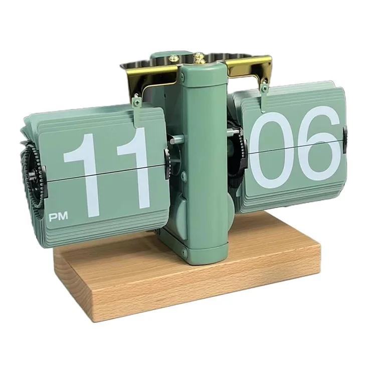 Reloj de mesa digital retro automático sencillo Reloj de mesa cuadrado de acero inoxidable con movimiento de cuarzo, base de madera de haya - Verde
