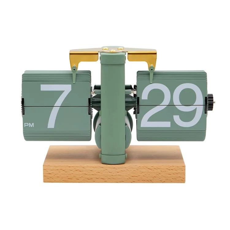 Reloj de mesa digital retro automático sencillo Reloj de mesa cuadrado de acero inoxidable con movimiento de cuarzo, base de madera de haya - Verde