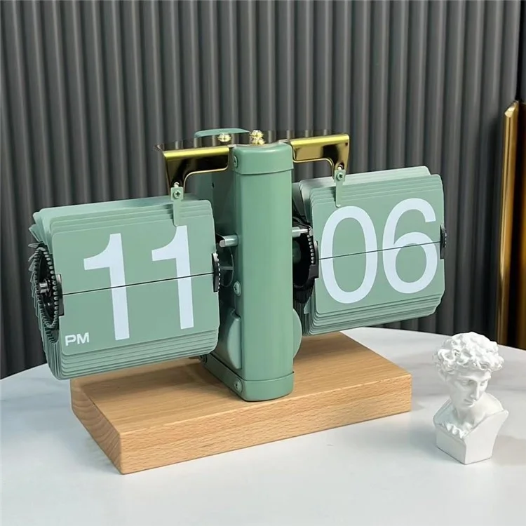 Reloj de mesa digital retro automático sencillo Reloj de mesa cuadrado de acero inoxidable con movimiento de cuarzo, base de madera de haya - Verde