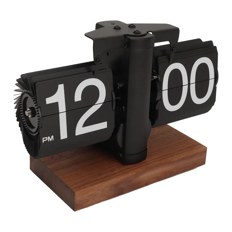 Relógio de mesa quadrado de aço inoxidável com movimento de quartzo, base de madeira - Preto, 12 horas