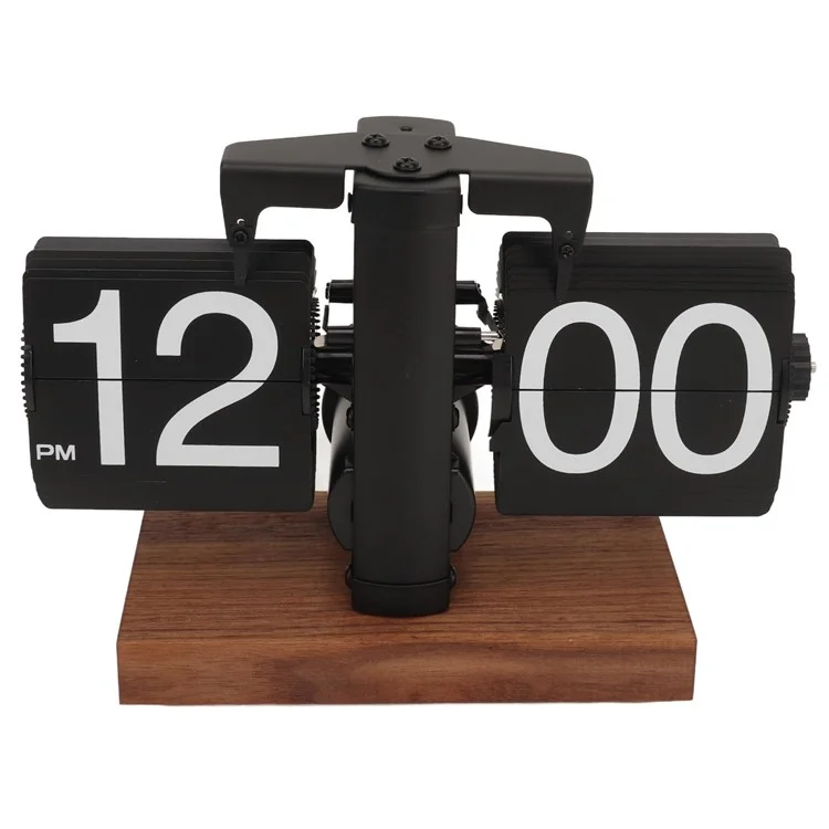 Relógio de mesa quadrado de aço inoxidável com movimento de quartzo, base de madeira - Preto, 12 horas