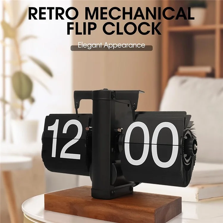 Relógio de mesa quadrado de aço inoxidável com movimento de quartzo, base de madeira - Preto, 12 horas