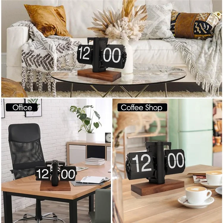 Relógio de mesa quadrado de aço inoxidável com movimento de quartzo, base de madeira - Preto, 12 horas