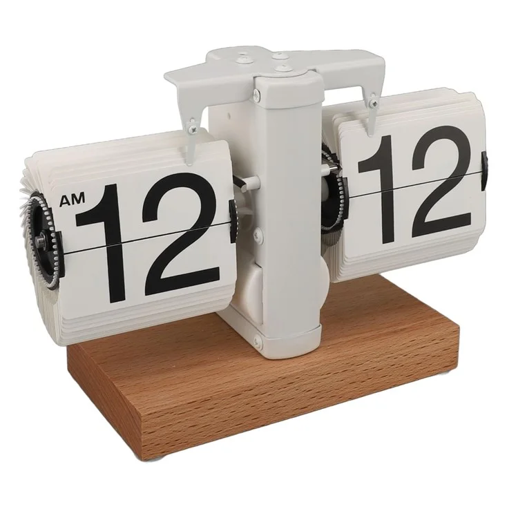 Automatic Flip Clock Retro Home Table Clock Single Foot Stainless Steel Quartz Movement Flip Clock Square Wooden Base - Beech White