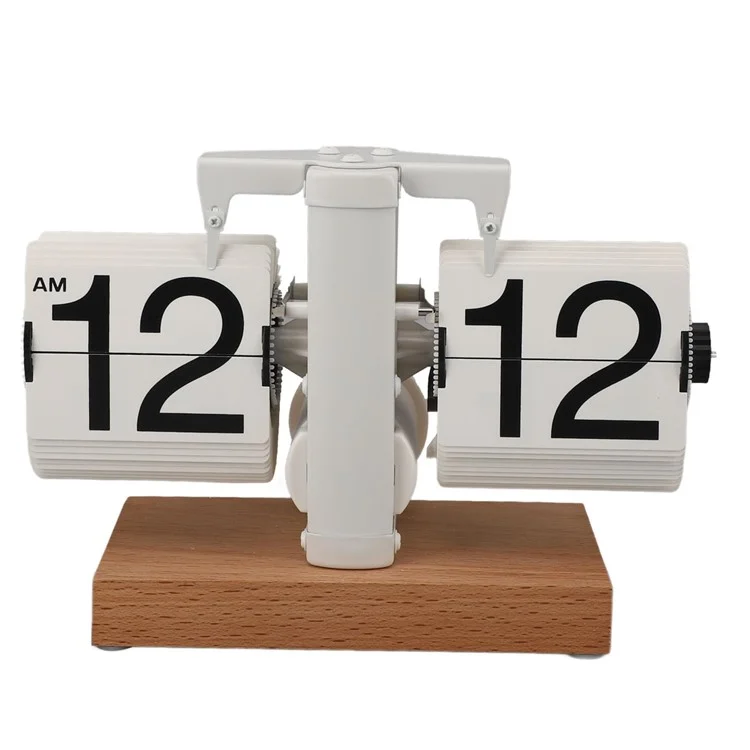 Automatic Flip Clock Retro Home Table Clock Single Foot Stainless Steel Quartz Movement Flip Clock Square Wooden Base - Beech White