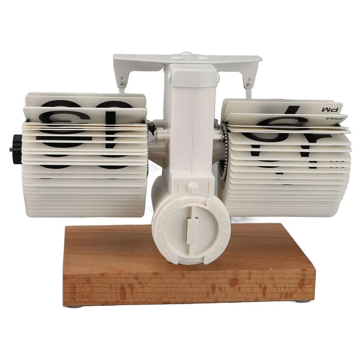 Automatic Flip Clock Retro Home Table Clock Single Foot Stainless Steel Quartz Movement Flip Clock Square Wooden Base - Beech White