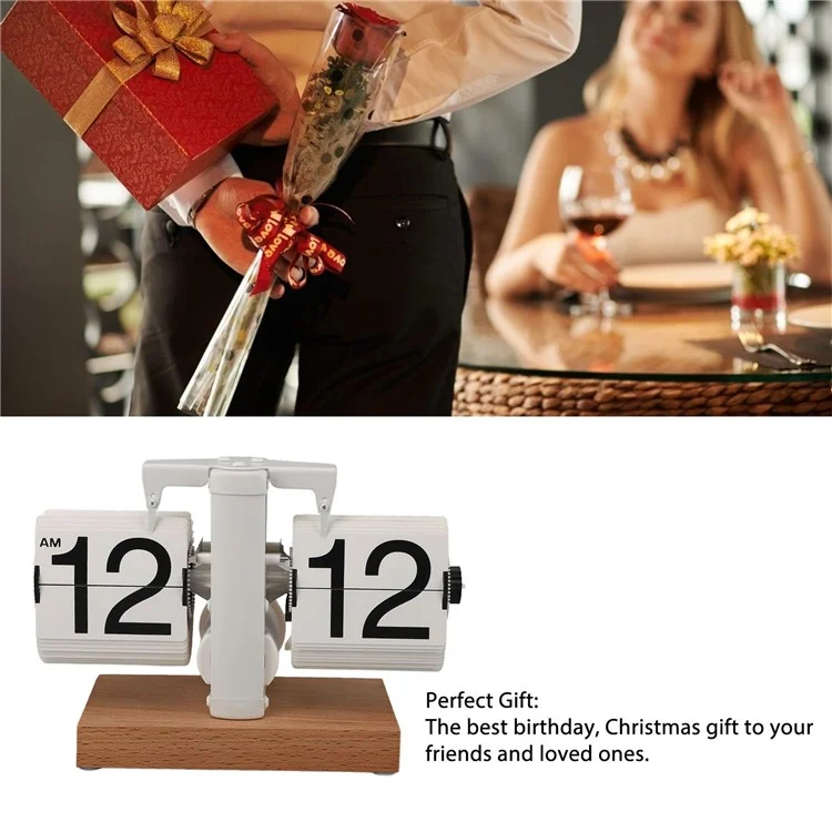 Automatic Flip Clock Retro Home Table Clock Single Foot Stainless Steel Quartz Movement Flip Clock Square Wooden Base - Beech White
