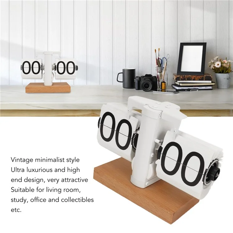 Automatic Flip Clock Retro Home Table Clock Single Foot Stainless Steel Quartz Movement Flip Clock Square Wooden Base - Beech White
