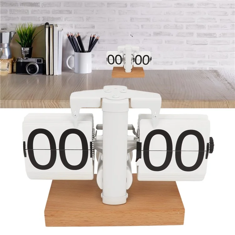 Automatic Flip Clock Retro Home Table Clock Single Foot Stainless Steel Quartz Movement Flip Clock Square Wooden Base - Beech White