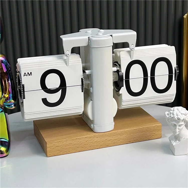 Automatic Flip Clock Retro Home Table Clock Single Foot Stainless Steel Quartz Movement Flip Clock Square Wooden Base - Beech White