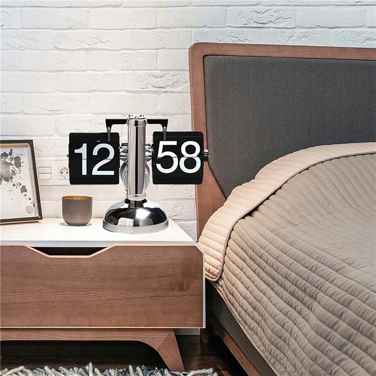 Relógio de mesa mecânico digital retrô com visor em flip para sala de estar, com fonte grande de 24 horas, em aço inoxidável - Preto