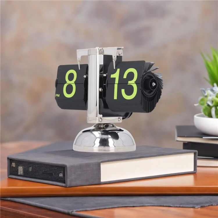Reloj de mesa con números verdes de acero inoxidable, volteo automático de páginas, estilo retro con equilibrio de volumen