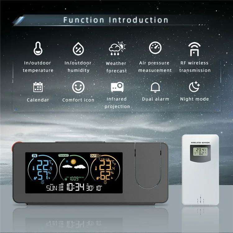 ZX3538 Projection Clock Calendar Weather Station Digital Alarm with Temperature / Humidity Sensor