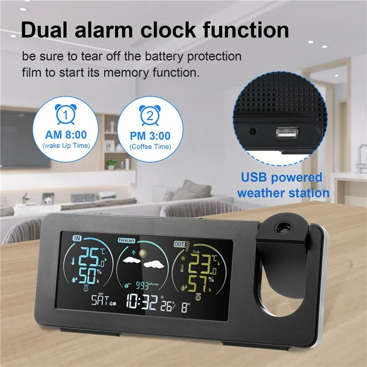 ZX3538 Projection Clock Calendar Weather Station Digital Alarm with Temperature / Humidity Sensor