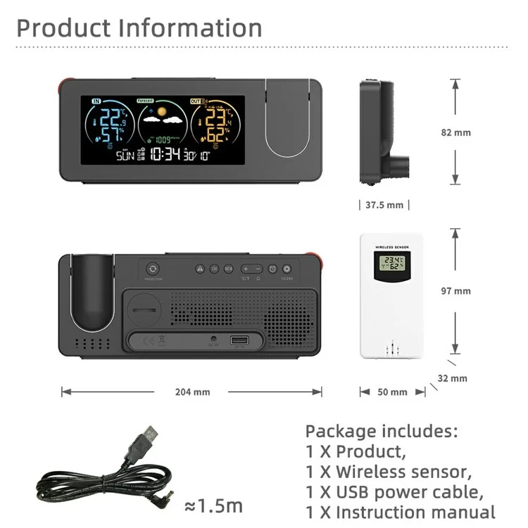 ZX3538 Projection Clock Calendar Weather Station Digital Alarm with Temperature / Humidity Sensor