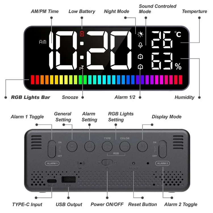 MK8002A LED Звуковой будильник с RGB-подсветкой Цифровые часы с голосовым управлением Перезаряжаемый Многофункциональный Двойной будильник