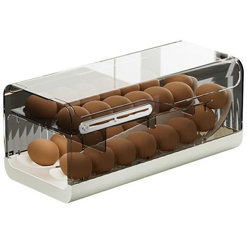 Egg Storage Container Fridge Organizer Auto Rolling Tray Kitchen Egg Holder with Freshness Scale (BPA Free, No FDA) - Transparent Grey