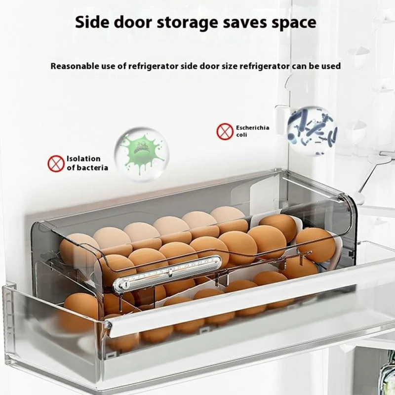 Egg Storage Container Fridge Organizer Auto Rolling Tray Kitchen Egg Holder with Freshness Scale (BPA Free, No FDA) - Transparent Grey