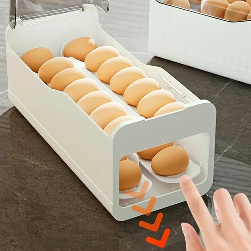 Egg Storage Container Fridge Organizer Auto Rolling Tray Kitchen Egg Holder with Freshness Scale (BPA Free, No FDA) - Transparent Grey