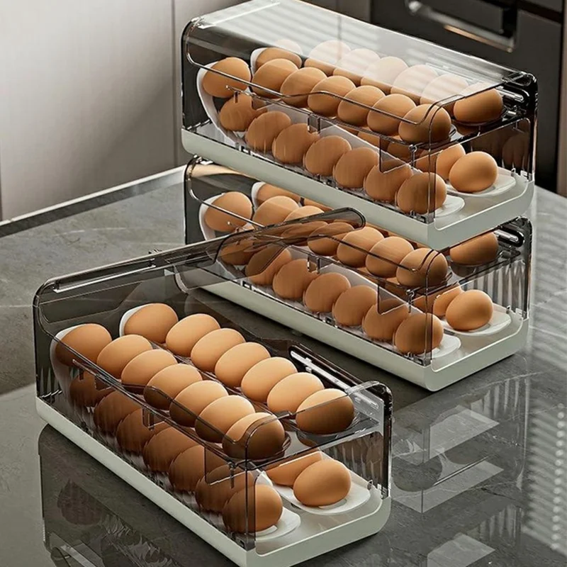 Egg Storage Container Fridge Organizer Auto Rolling Tray Kitchen Egg Holder with Freshness Scale (BPA Free, No FDA) - Transparent Grey