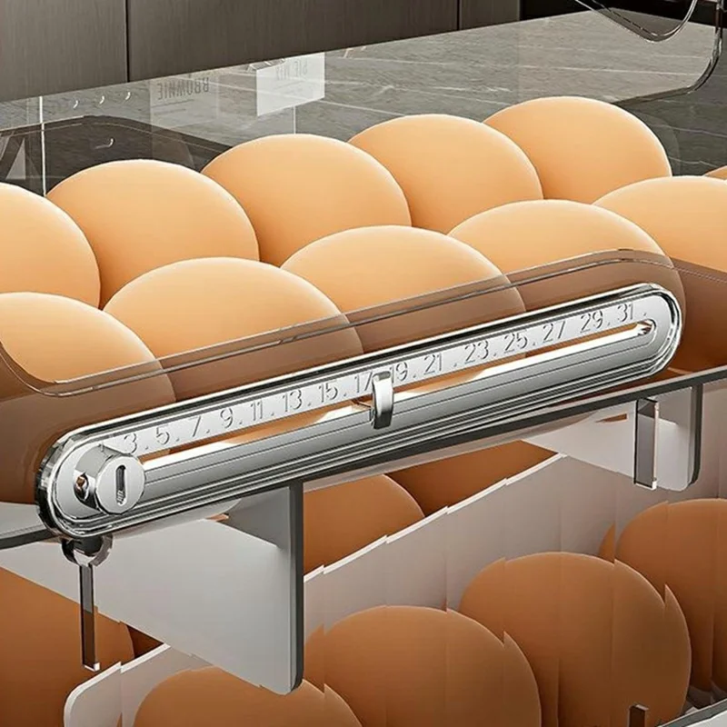 Egg Storage Container Fridge Organizer Auto Rolling Tray Kitchen Egg Holder with Freshness Scale (BPA Free, No FDA) - Transparent Grey