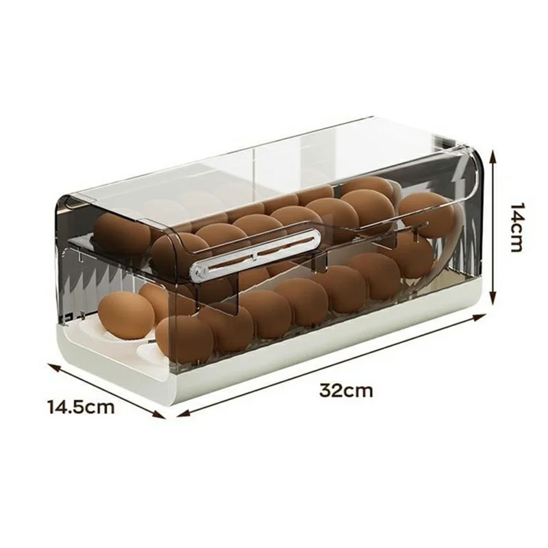 Egg Storage Container Fridge Organizer Auto Rolling Tray Kitchen Egg Holder with Freshness Scale (BPA Free, No FDA) - Transparent Grey