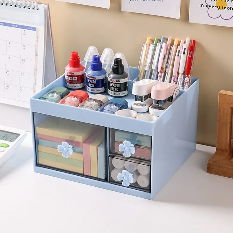 Transparent Drawer Desktop Organizer Cosmetics Stationery Makeup Brushes Storage Box - Blue