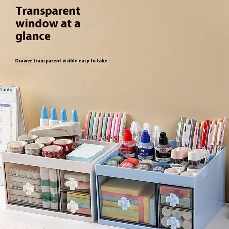 Transparent Drawer Desktop Organizer Cosmetics Stationery Makeup Brushes Storage Box - Blue
