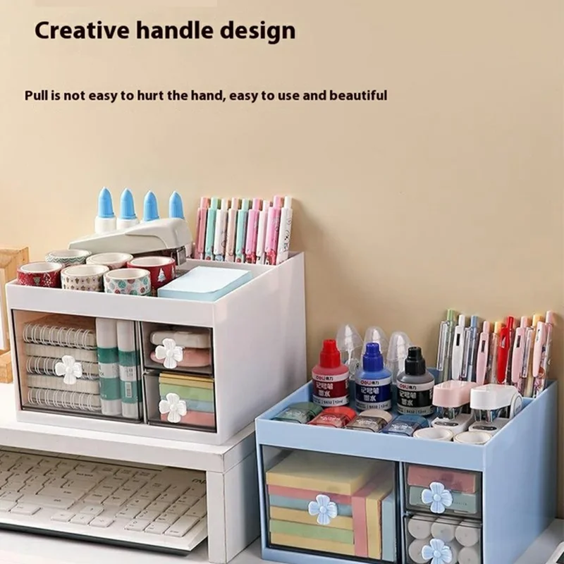Transparent Drawer Desktop Organizer Cosmetics Stationery Makeup Brushes Storage Box - Blue