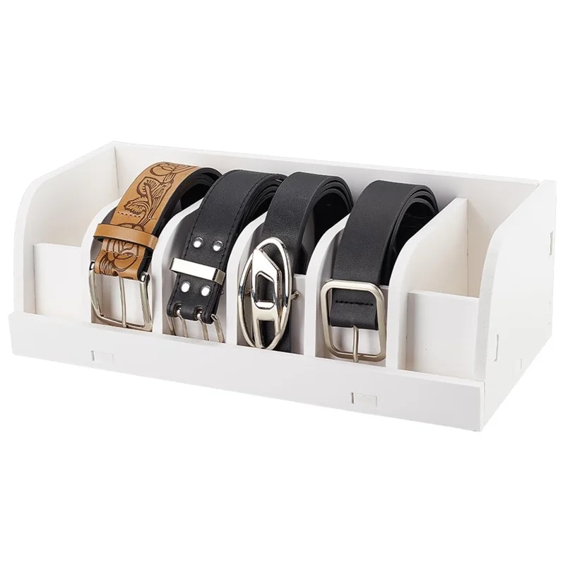Belt Organizer Bamboo Storage Box Multi Compartment Wardrobe Waist Belt Accessory Holder - White