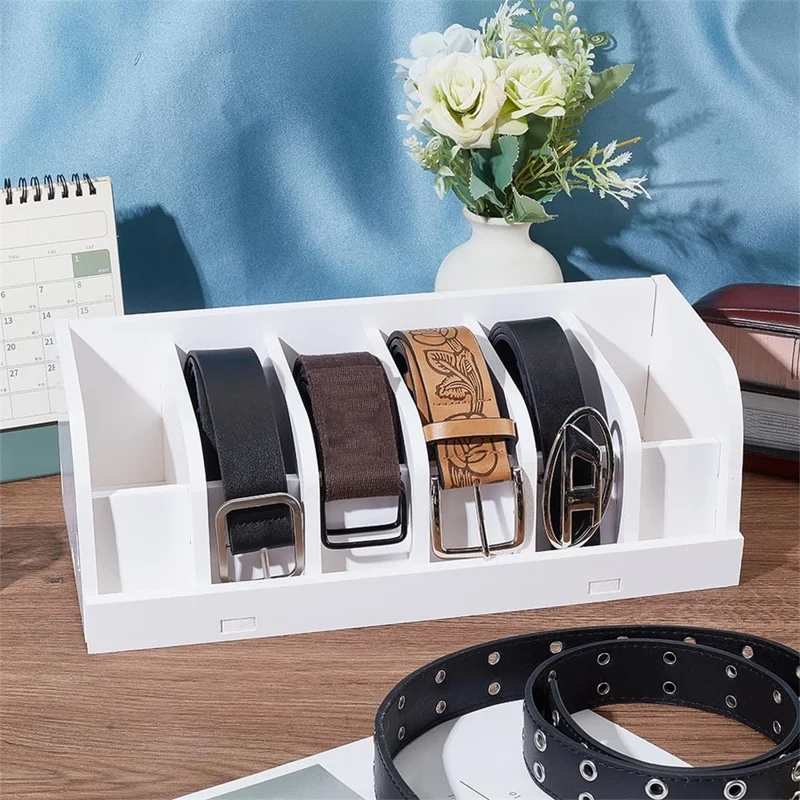 Belt Organizer Bamboo Storage Box Multi Compartment Wardrobe Waist Belt Accessory Holder - White