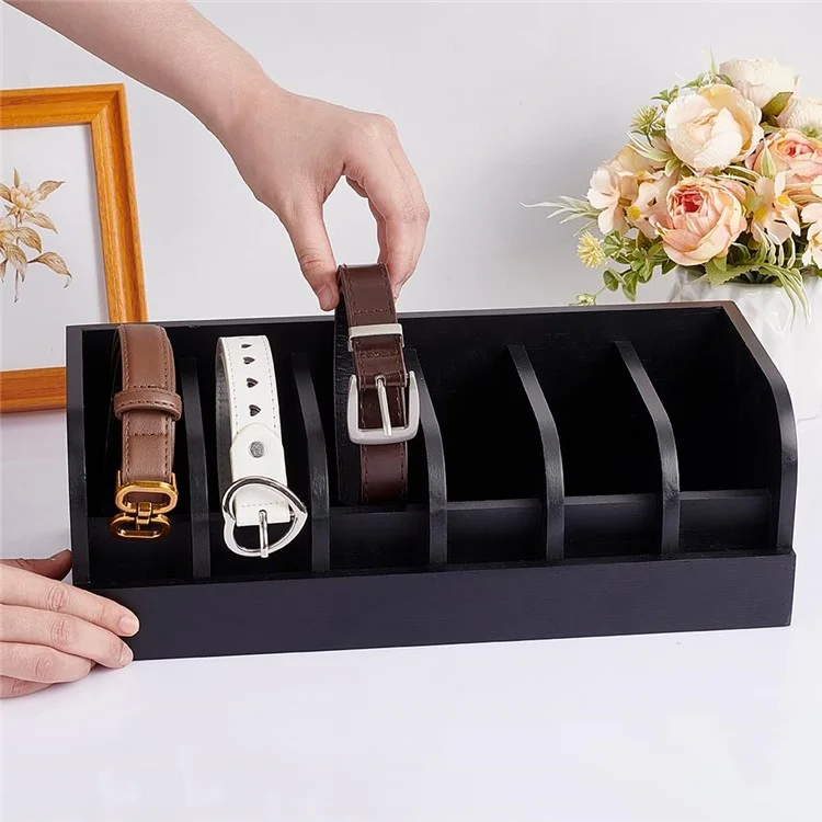 Organisateur de Ceintures Boîte de Rangement en Bambou Multi-Compartiments Support d'Accessoires pour Ceintures de Garde-Robe - Noir