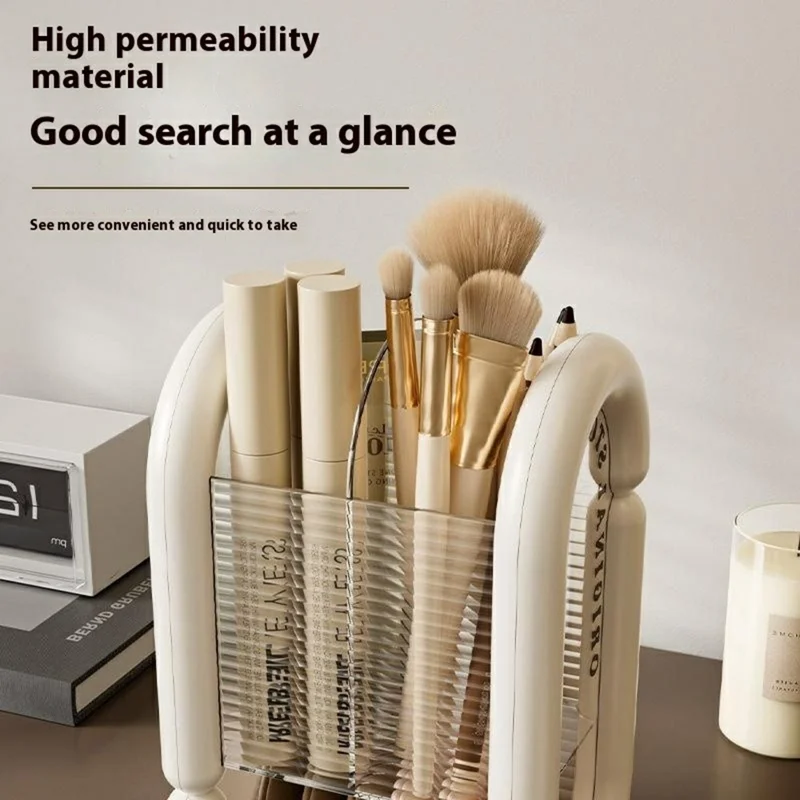 Makeup Brush Organizer Vanity Countertop Eyebrow Pencils Cosmetics Desktop Storage Rack - Beige