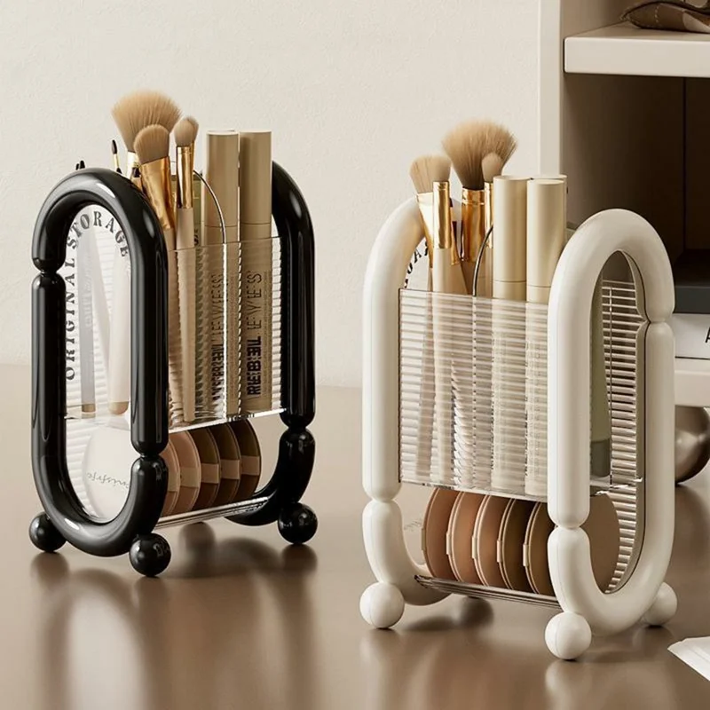 Makeup Brush Organizer Vanity Countertop Eyebrow Pencils Cosmetics Desktop Storage Rack - Beige