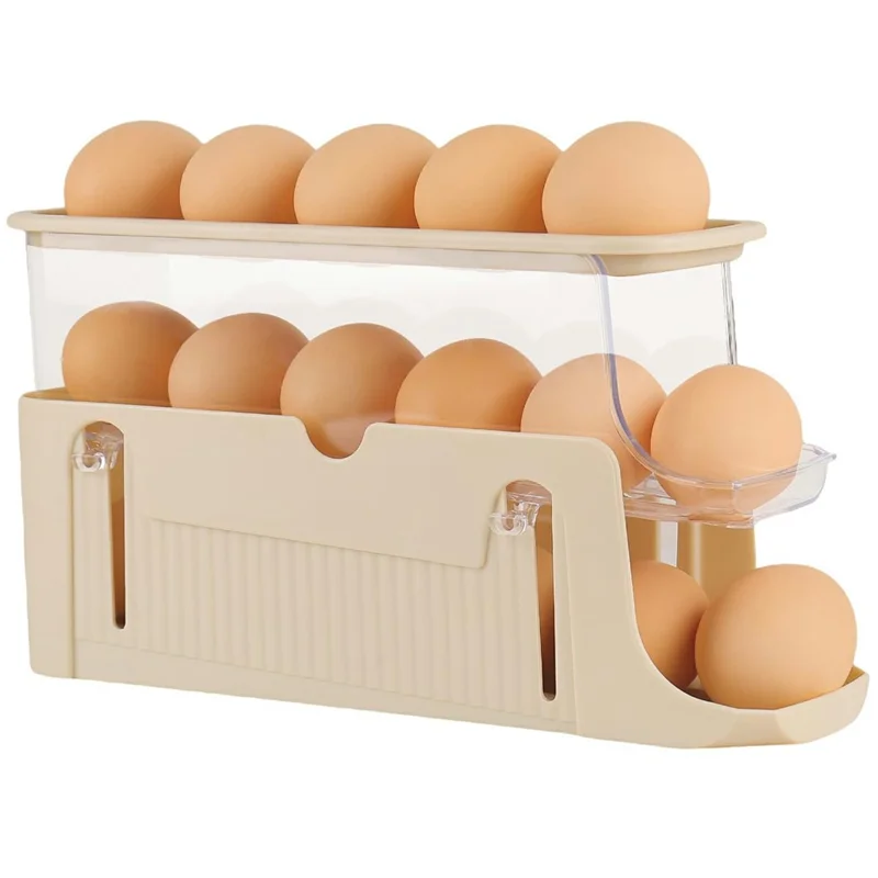 3-Tier Egg Storage Container Auto Rolling Design Refrigerator Side Door Organizer (BPA Free, No FDA) - Beige