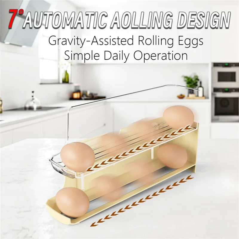 3-Tier Egg Storage Container Auto Rolling Design Refrigerator Side Door Organizer (BPA Free, No FDA) - Beige