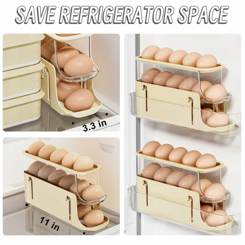 3-Tier Egg Storage Container Auto Rolling Design Refrigerator Side Door Organizer (BPA Free, No FDA) - Beige
