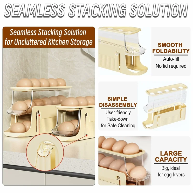3-Tier Egg Storage Container Auto Rolling Design Refrigerator Side Door Organizer (BPA Free, No FDA) - Beige