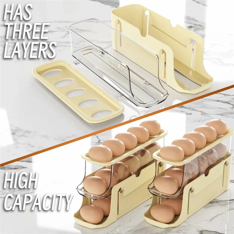 3-Tier Egg Storage Container Auto Rolling Design Refrigerator Side Door Organizer (BPA Free, No FDA) - Beige