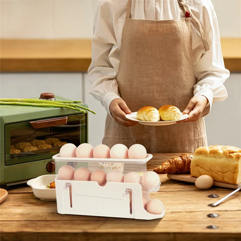 3-Tier Egg Storage Container Auto Rolling Design Refrigerator Side Door Organizer (BPA Free, No FDA) - Beige