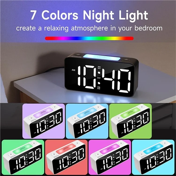Horloge numérique de 6,3 pouces avec veilleuse de 7 couleurs Volume réglable Réveil électronique avec adaptateur secteur UE - Noir