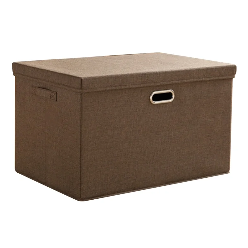 Cotton Linen Foldable Storage Box with Lid Medium Size 37 x 27 x 26cm Organizer Container for Home Use - Coffee