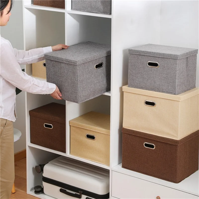 Cotton Linen Foldable Storage Box with Lid Medium Size 37 x 27 x 26cm Organizer Container for Home Use - Coffee