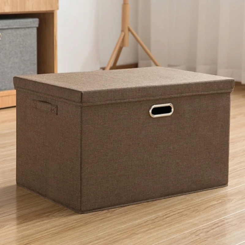 Cotton Linen Foldable Storage Box with Lid Medium Size 37 x 27 x 26cm Organizer Container for Home Use - Coffee